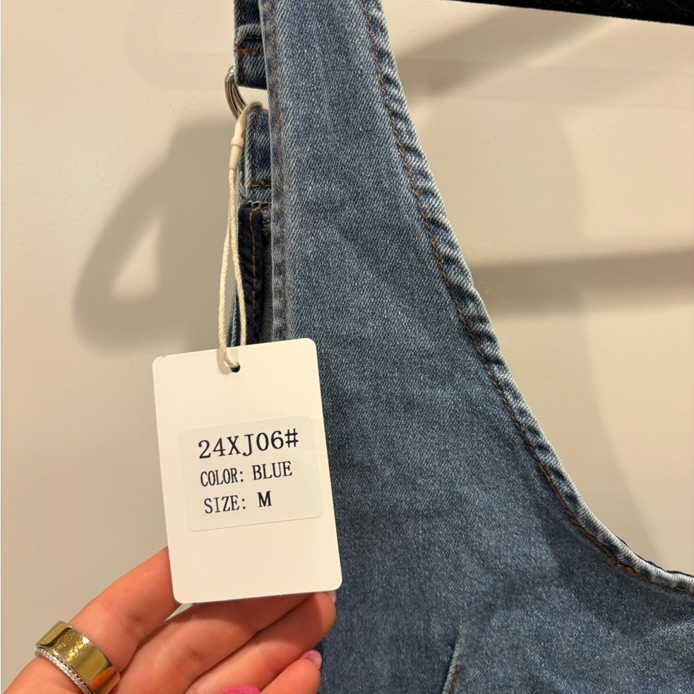 Denim Pinafore Dress with Front Pockets - Light Blue - Picture 3 of 3